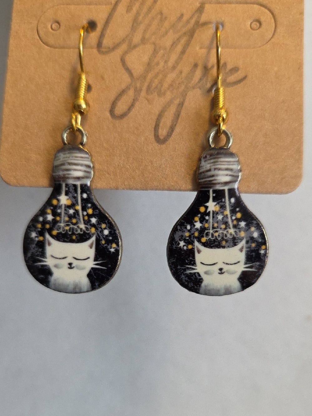 Whimsical Sleepy Cat in Lightbulb Dangle Earrings -